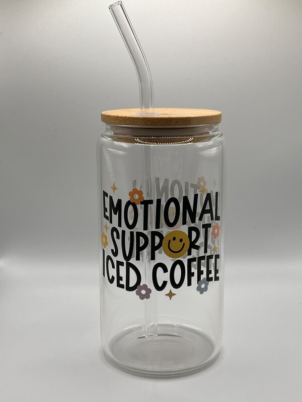 16 oz Emotional Support Ice Coffee Glass with Straw
